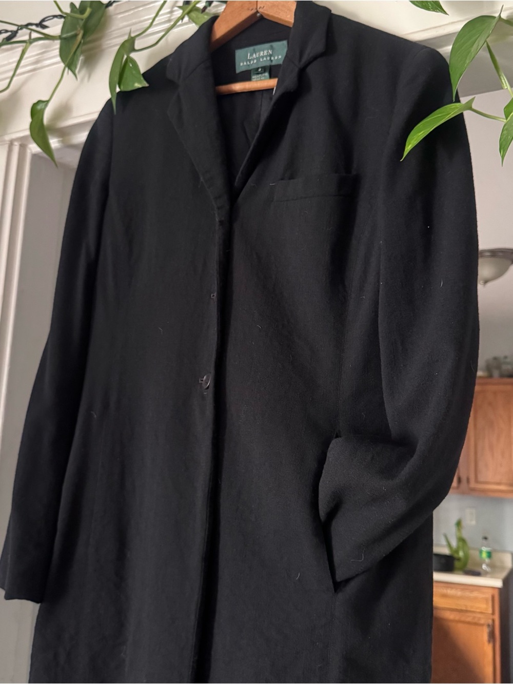 Lauren Ralph Lauren Notch Collar wool blend long Coat Black button trench walker